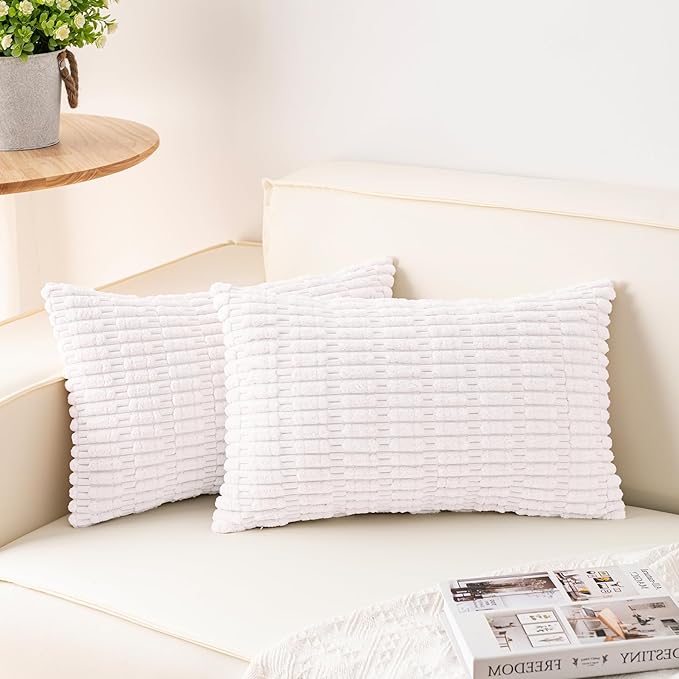 Aegero Pack of 2 Corduroy Decorative Throw Pillow Covers 12x20 Inch Soft Striped Pillow Covers Modern Farmhouse Home Decor for Sofa Living Room Couch Bed（White） by Unknown