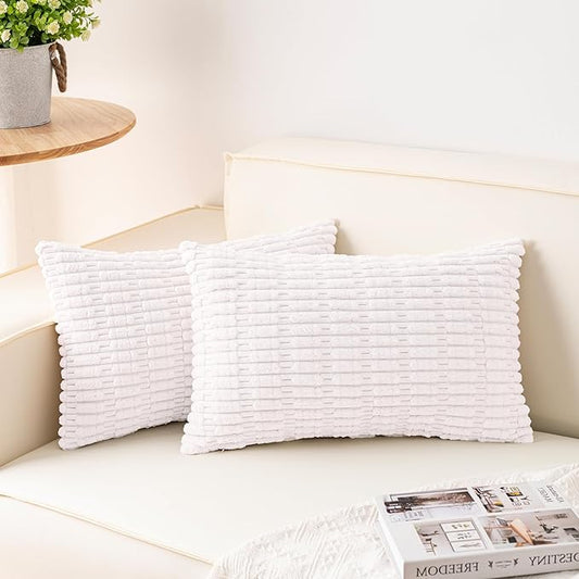 Aegero Pack of 2 Corduroy Decorative Throw Pillow Covers 12x20 Inch Soft Striped Pillow Covers Modern Farmhouse Home Decor for Sofa Living Room Couch Bed（White） by Unknown