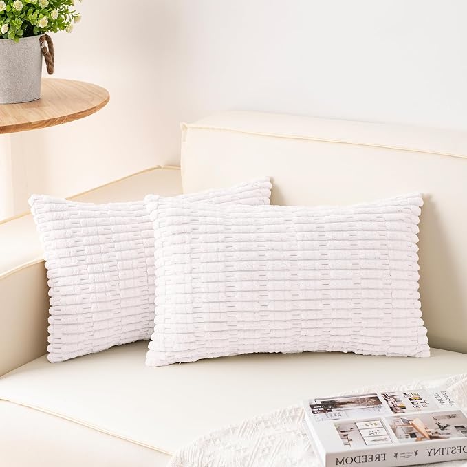 Aegero Pack of 2 Corduroy Decorative Throw Pillow Covers 12x24 Inch Soft Striped Pillow Covers Modern Farmhouse Home Decor for Sofa Living Room Couch Bed（White） by Unknown