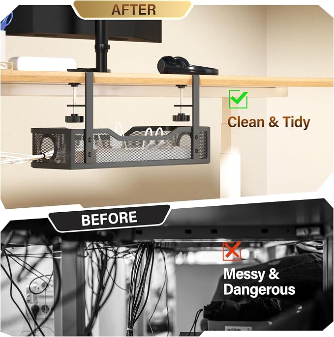 Under Desk Cable Management Large, Cinati 16" Cable Management Box for Table Thickness up to 3", Wire Cord Organizer with Clamp No Drill, No Damage to Desk (Black) - Image 4