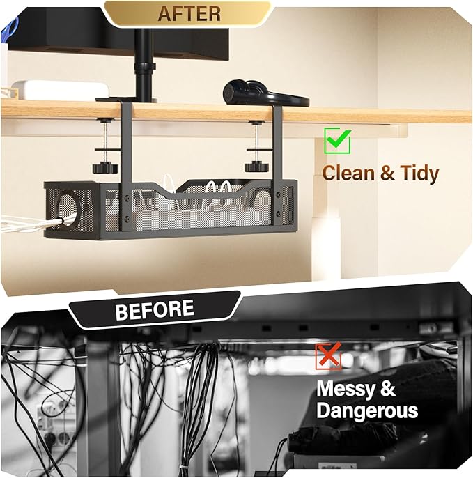 [Upgraded] 2 Pack Under Desk Cable Management Tray, Cinati Cord Organizers for Table Thickness up to 3", 16" Wire Organization with Clamp No Drill, Cable Management Box for Office - No Damage to Desk - Image 4
