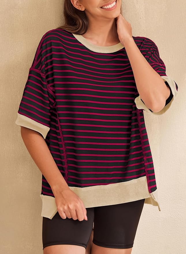 SHEWIN Womens Tops Casual Short Sleeve Sweatshirt Crewneck Striped Shirt Pullover T Shirts Loose Blouses - Image 3