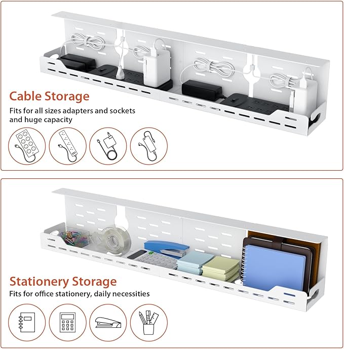 Univivi Under Desk Cable Management Tray, Cable Management, 32 inch, White | Durable Steel Material, Desk Cable Management with No-Drill C-Clamp and Screw Mount, Cord Management for Office/Home - Image 4