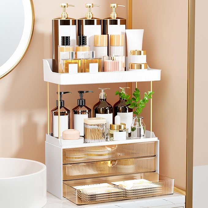 StorBin Arcylic 5-Tier Makeup & Skincare Organizer for Vanity, Bath | Smooth 3 drawers, clear body, gold frame, non-slip, for perfumes, serums, face masks, palettes, vanity & bath counter,Amber by Unknown