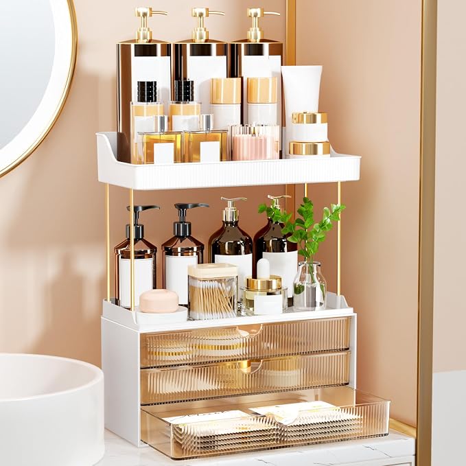 StorBin Arcylic 5-Tier Makeup & Skincare Organizer for Vanity, Bath, 2 Sets | Smooth 3 drawers, clear body, gold frame, non-slip, for perfumes, serums, face masks, palettes, vanity & bath counter,Amber - Image 8