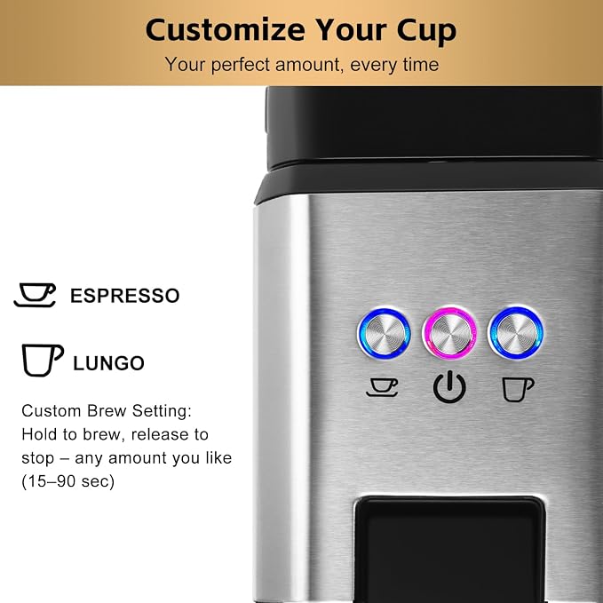 CUSIMAX Espresso Machine Compatible with Nespresso Original Pods | Single Serve Espresso Coffee Maker, Programmable Brew Size, 19Bar High Pressure, 20oz Removable Water Tank, Stainless Steel - Image 4