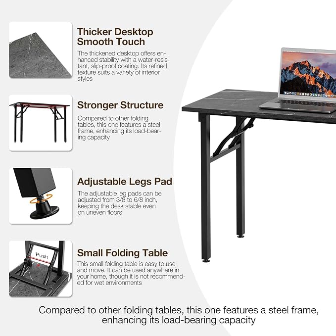 TEMI Small Computer Desk Folding Table - 43.3" Foldable Office Desk, No Assembly, Perfect for Small Spaces in Bedroom, or Apartment, Portable Mini Desk or Study Table Compact Design, Marble Greige - Image 7
