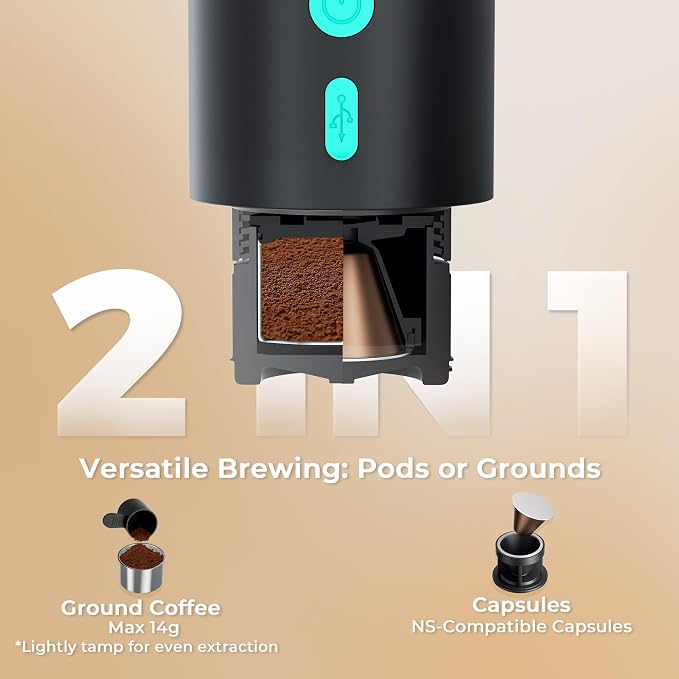 HAUSHOF Portable Electric Espresso Machine, 20 Bar Fast Heat-Up Travel Coffee Maker, USB-C Rechargeable Compatible with Ground Coffee & NS Capsules, for Car, Camping, RV, Hiking & Office - Image 2