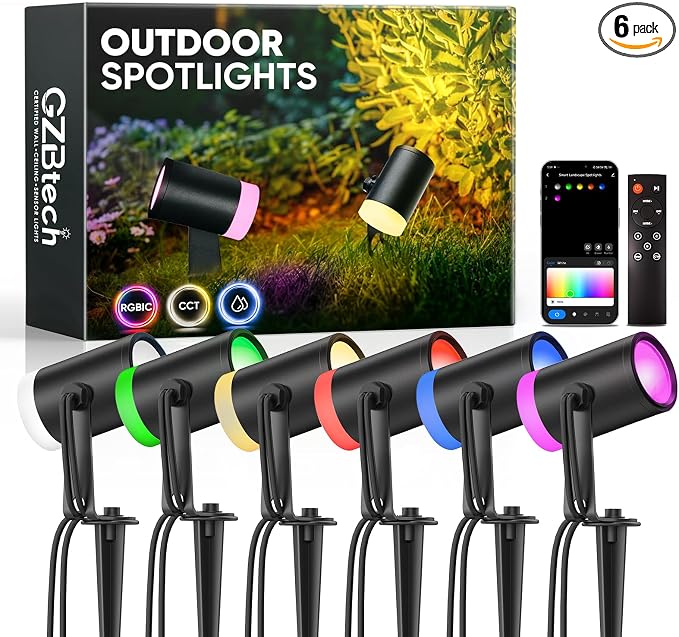 GZBtech Outdoor Landscape Smart Lights 6-Pack, Plug-in RGBIC+CCT Color Changing LED Spotlights, IP65 Waterproof, App Control Work with Alexa, Dimmable Aluminum LED Pathway Lights for Garden Yard Decor by GZBtech