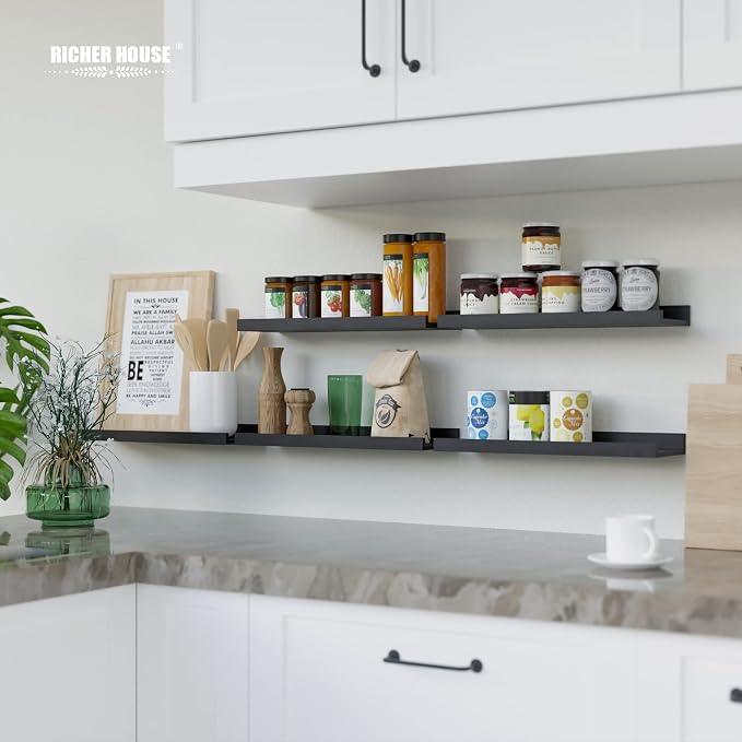 RICHER HOUSE 5 Set Floating Wall Mounted Shelves, Black Shelves for Wall Decor, Modern Picture Ledge Shelf with Lip for Storage, Nursery, Bedroom, Living Room, Bathroom - Black | Display Picture Ledge Shelf, Anti-drop lip Shelf for Room Wall Decor, Bed... - Image 8