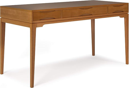 SIMPLIHOME Harper Desk - 60 Inch Wide Solid Wood Writing Desk in Honey Brown, Mid-Century Modern Home Office Computer Table for Study with 2 Drawers and Flip-Down Keyboard Tray by SimpliHome