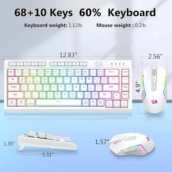 Redragon Wireless Gaming Keyboard and Mouse Combo, 60% Portable, White | Bluetooth/2.4G/USB-C Wired, RGB Backlit, Quiet Rechargeable Macro Membrane Keyboard & 12800 DPI Mouse for Win/MAC - Image 7
