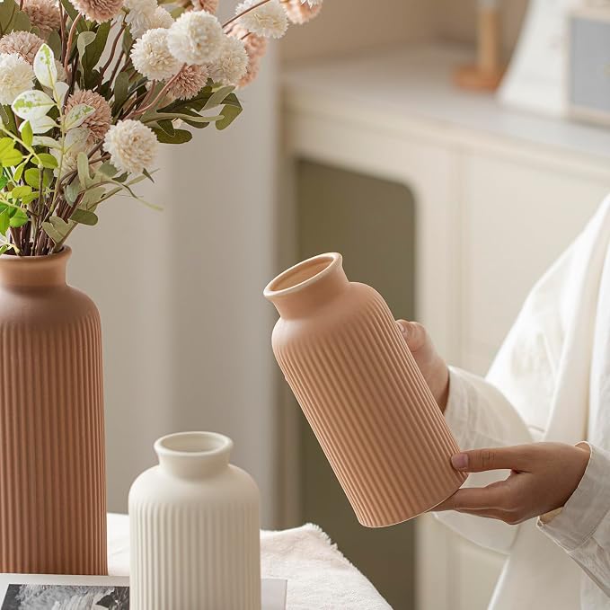 Large Modern Ceramic Vase Set, Coffee Ribbed Matte Design, 3-Piece Decorative Vases for Home, Living Room, Office (XL Coffee Mix) - Image 3