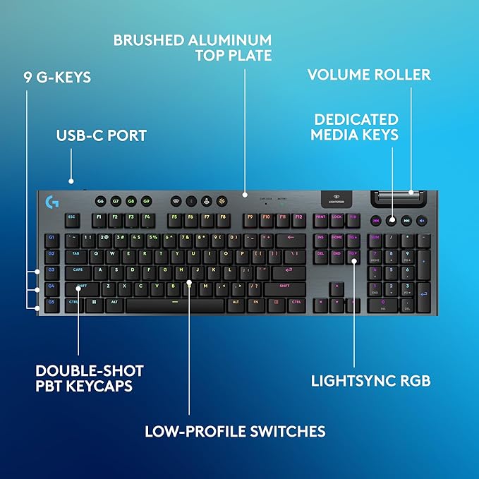 Logitech G915 X Lightspeed Wireless Gaming Keyboard (Tactile) - Black | Low Profile, Mechanical Switches, Double-Shot PBT Keycaps, RGB lighting, Aluminum finish, PC/Mac Compatible - Image 6