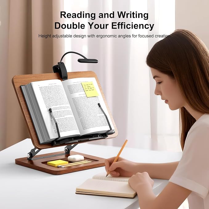 OPTIXCELL Book Stand with Light, Hands Free Book Holder, Gifts Book Lovers | Hands Free, Adjustable Height Angle, Built-in Storage Tray, 3-Mode Reading Light, Foldable Metal Frame, Fits Cookbook Tablet - Image 3