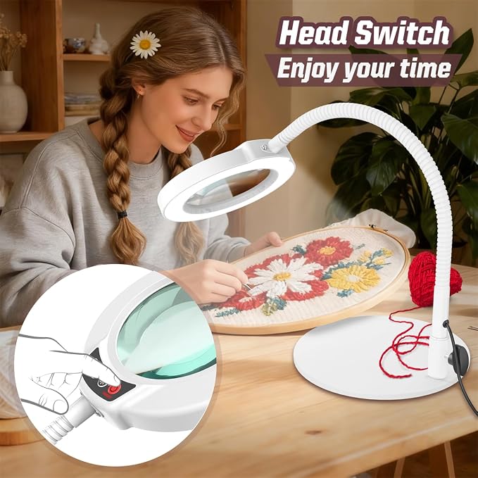 10X Magnifying Glass with Light and Stand, 16.5in Flexible Goose-Neck, 5 Color Modes Stepless Dimmable LED Lighted Desk Lamp, Hands Free Magnifier for Crafting Hobby Painting Close Work - White - Image 5