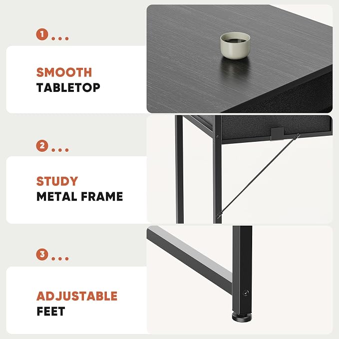 DUMOS 32" Home Office Computer Desk with Drawers, Small Gaming Writing Study Table with Storage Side Bag, Headphone Hook and Adjustable Feet for Bedroom Black | Home Office Desk for Bedroom, Gaming Writing Study Desk with Adjustable Feet - Image 8