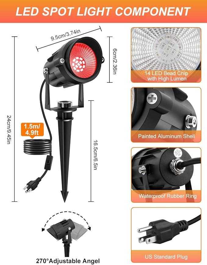 Red Landscape Lights Outdoor, 14 LED Landscape Lighting with US Plug, IP65 Waterproof Spotlights for Tree Yard Garden Pathway Halloween Christmas Decor 4 Pack - Image 3