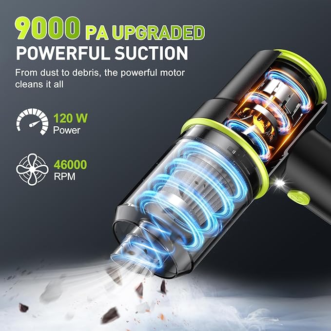 KMM Handheld Car Vacuum Cleaner, 9000PA Vacuum Cleaner & Air Duster, 120W High Power Vacuum Portable Cordless, Hand Held Vacuum Rechargeable with Multi-Nozzles & LED Light for Home, Car, Office - Image 2