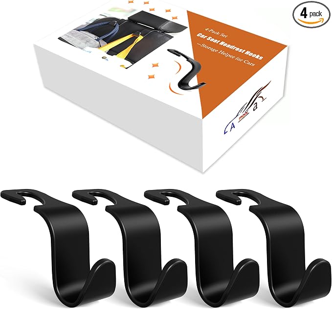 Amooca 4-Pack Car Headrest Hooks –Holds 55lbs Vehicle Storage Organizer for Purses Handbags Groceries Backpack Coats 360° Rotating Black by Amooca