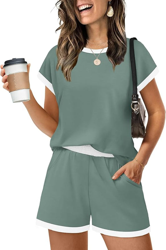 WIHOLL Two Piece Sets for Women Summer Lounge Short Sets Cap Sleeve Crew Neck Sweatsuit with Pocket XS-2XL by WIHOLL