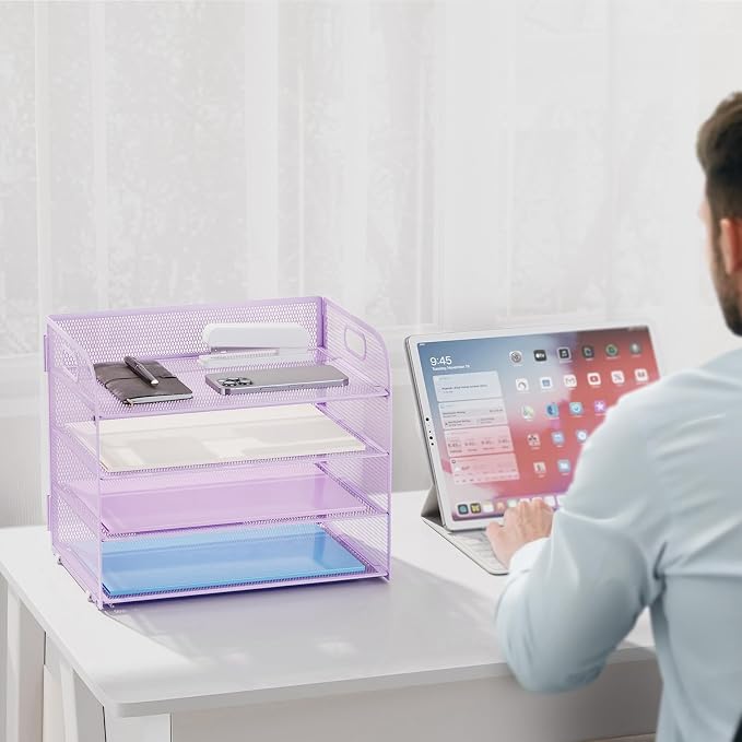 Marbrasse 2 Pack 4 Tier Paper Organizer Letter Tray - Mesh Desk File Organizer with Handle, Paper Sorter Organizer for Letter/A4 Office File Folder Holder (Purple, 12.6" x 9.1" x 10.7") - Image 6