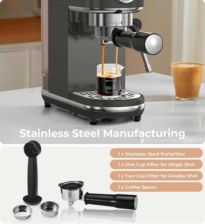 atatix 20 Bar Espresso Machine with Milk Frother, Compact Espresso Maker | Stainless Steel Coffee Machine with Precise Temp Control, 44oz Removable Water Tank for Latte, Cappuccino, Dark Grey - Image 7