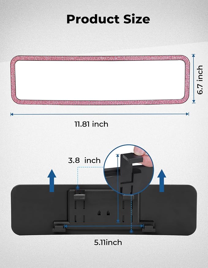 JOYTUTUS Rear View Mirror, Universal 12 Inch Panoramic Rearview Accessories with Bling Rhinestones Crystal Diamonds Edge, Interior Clip-on Wide Angle Rear View Mirror -Pink - Image 6