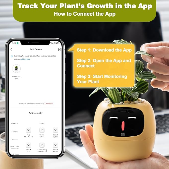 Upgraded AI Smart Flower Pot Multi-Emotion Interactive Digital Display Self Watering Planter Robot Flower Pot Supports 50+ Plants Decor for Desk Home Pet Office(Yellow) - Image 2