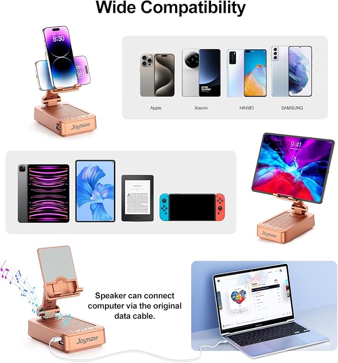 Gifts for Women Girls, Bluetooth Speaker Phone Stand with Charging Function 360° Rotable Adjustable Cell Phone Holder with HD Surround Sound for Desk Fits All Phones,Tablet (Rose Gold) - Image 5