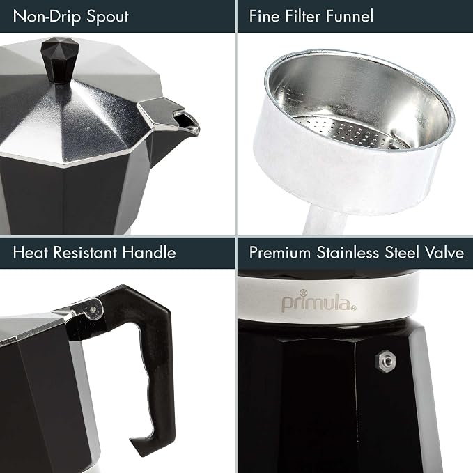 Primula Classic Moka Pot Stovetop Espresso and Coffee Maker, Italian and Cuban Cafetera for Rich Espresso Brewing, Durable Aluminum Greca Coffee Maker with Easy Grip Handle, 6-Cup, Black - Image 4