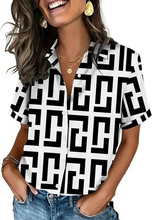 Zeagoo Button Down Shirts for Women Short Sleeve Collared Tops Dressy Casual V Neck Blouses by Zeagoo