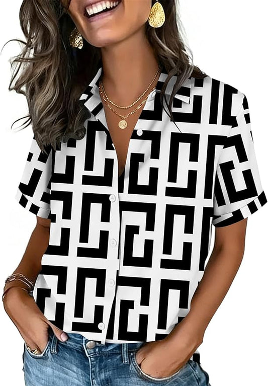 Zeagoo Button Down Shirts for Women Short Sleeve Collared Tops Dressy Casual V Neck Blouses by Zeagoo