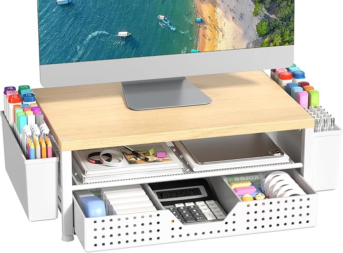 Wood Metal Monitor Stand Riser, Laptop Stand for Desk, Office Desk Organizer and Accessories, Computer Desktop Shelf with Drawer and Pen Holder, Printer Stand for Home, Office, Dorm (Natural Wood) by Illuminatinglifewiththewarmthandloveoflight