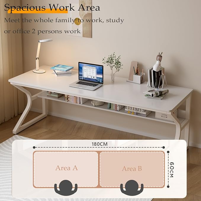 OSCHF 71-Inch Extra Long Desk with Storage Shelf, Warm White | Double Long Writing Table, Space-saving, 2-Person Workstation, Modern Study Work Computer Desk, For Home Office - Image 3
