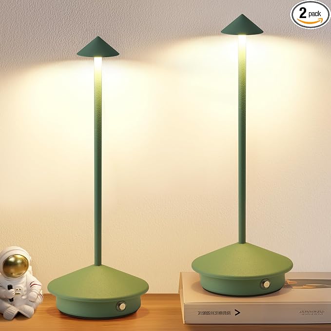 Modern Cordless Table Lamp Set of 2, Green Portable LED Desk Lamps | 4000mAh, Rechargeable, Battery Operated Lighting for Bedroom, Dining Room, Restaurant, Coffee Shop, Camping, Night Light by NEWSEE