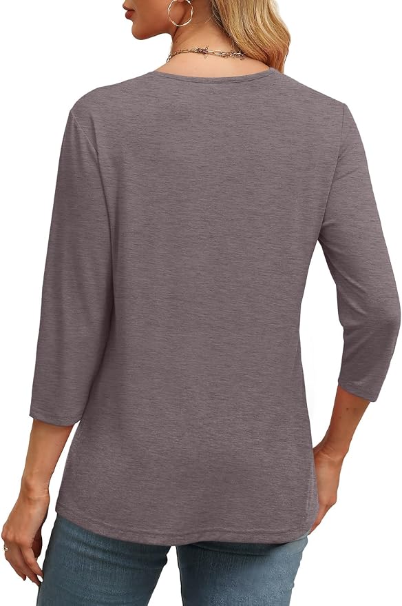 WIHOLL Womens Tops 3/4 Length Sleeve V Neck Casual Tunic Tops Basic Shirts Loose Fit Blouse - Image 4