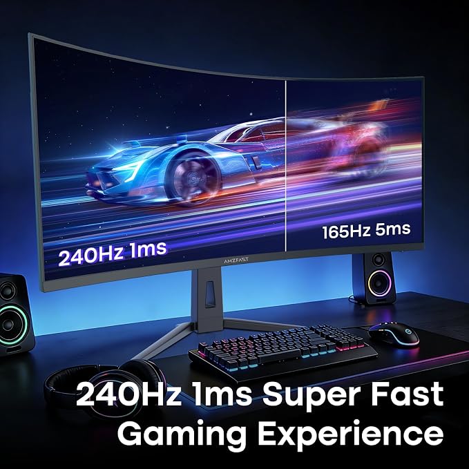 Amzfast 34 Inch Curved Monitor 240Hz UWQHD (3440x1440) Gaming Monitor, 1ms G-SYNC Compatible, 1500R, PIP/PBP, HDR400, 96% DCI-P3, Tilt/Swivel/Height Adjustable, TÜV Rheinland, HDMI 2.1, AMZG34C8 Pro - Image 4