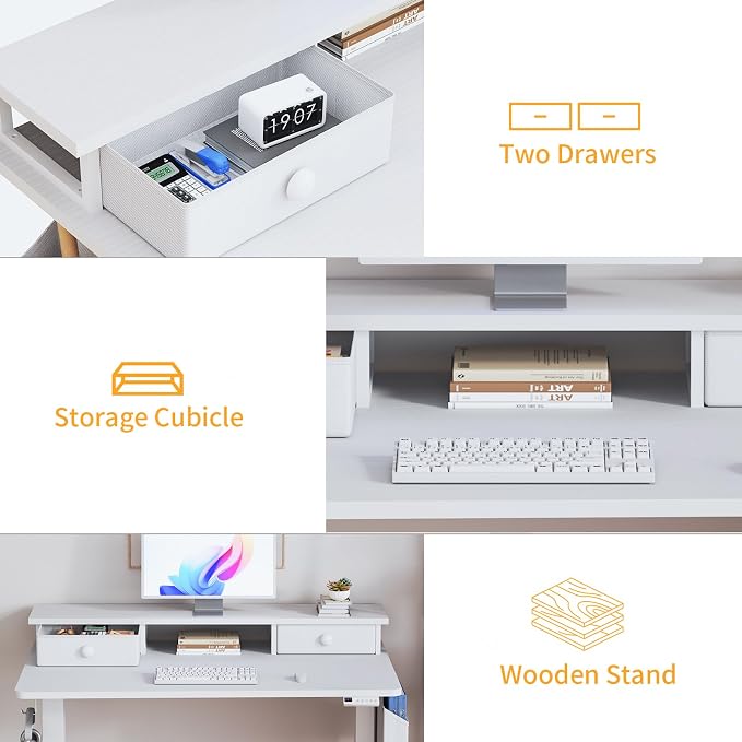 White Electric Standing Desk with Drawers - 40 Inch Small Standing Desk with Shelf Monitor Stand Storage Height Adjustable for Home Office, Study Writing Girls Computer Sit Stand Desks for Bedroom - Image 7