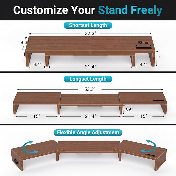 BONTEC Triple Monitor Stand Riser with Smartphone Holder, Walnut | Adjustable Length & Swivel Angle, Ergonomic Wooden Desktop Organizer for PC Monitor, Laptop, Printer, Large Storage, 53.3 in - Image 3