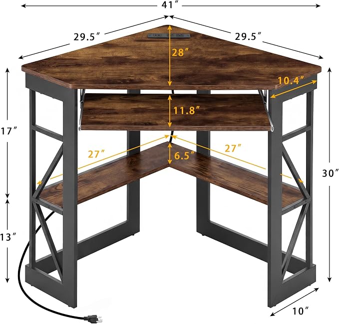 VECELO Corner Desk, Triangle Computer Desk for Small Space with Charging Station and Keyboard Tray, Corner Makeup Table with Storage Shelves for Home Office Bedroom, 41x30, Vintage Brown - Image 3