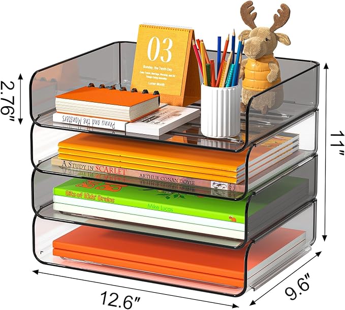 FANXIYQ 4-Tier Acrylic Paper Tray Organizer, Clear & Brown Paper Organizer | Stackable, Tool-Free Design with 2-4 Tiers for A4 Paper, Files, Books and Mail; Ideal for School, Home Office and Study Room - Image 5