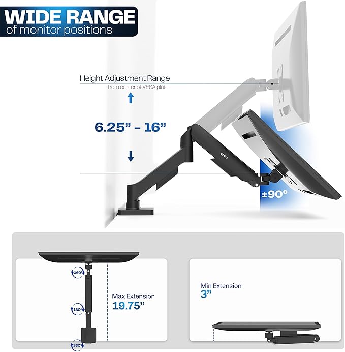 VIVO Single Monitor Stand, Fully Adjustable Arm for 17 to 32 inch Screen, Mechanical Articulating Desk Mount, Gaming and Office Setups, VESA 75x75, 100x100, Max 19.8 lbs, Classic, Black, STAND-V001O - Image 5