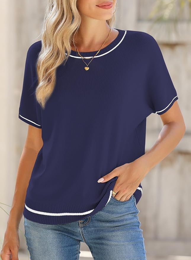 SHEWIN Womens Tops Trendy Short Sleeve Shirts Crewneck Lightweight Knit Sweater Top Business Casual Outfits - Image 2
