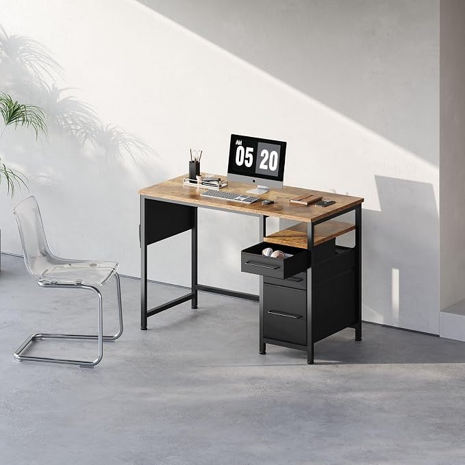Maihail Small Desk with Drawers, Office Desk with Storage Shelves, Brown | 40 Inch Desktop, Metal Frame, 3 Fabric Drawers, Storage Shelves, Computer & Writing Desk, Office Gaming Workstation - Image 2