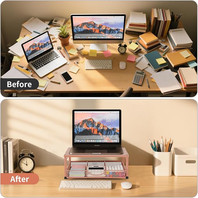 Small Laptop Stand for Desk, Monitor Stand Riser, Office Desk Accessories, Computer Desktop Stand with Drawer for Home, Office, School (Bronze) - Image 4