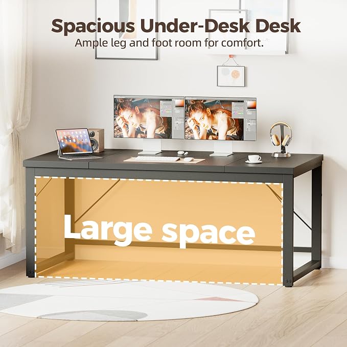 Mericonia 63x28 Inch Computer Desk, 1" Thick Large Office Table, Black | Modern Simple Style, Heavy Duty Industrial Frame, Large Study & Writing Table for Home Bedroom Work - Image 6