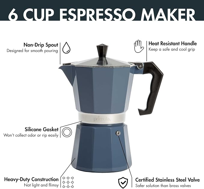 Primula Classic Moka Pot Stovetop Espresso and Coffee Maker, Italian and Cuban Cafetera for Rich Espresso Brewing, Durable Aluminum Greca Coffee Maker with Easy Grip Handle, 6-Cup, Blue - Image 6