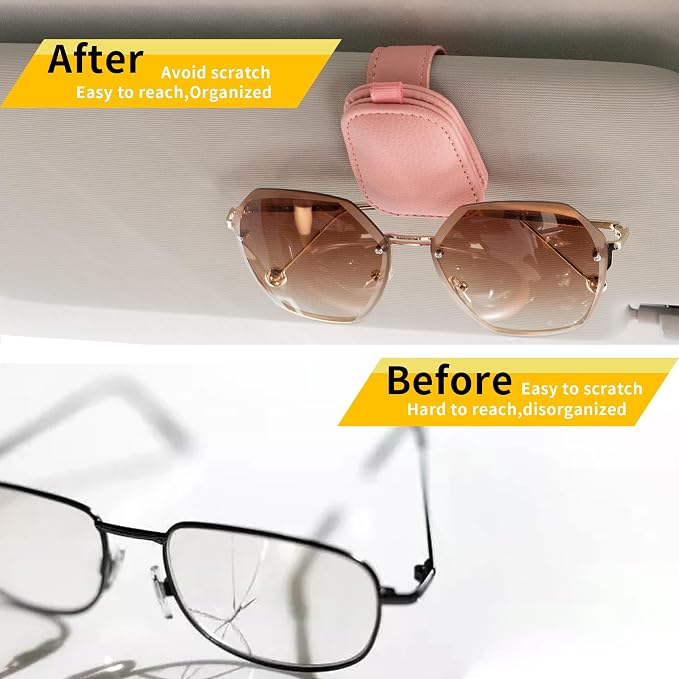 Yuoyar Sunglass Holder for Car, Magnetic Leather Sunglasses Holder and Ticket Card Clip, Car Visor Accessories, 2 Packs (Pink) - Image 3