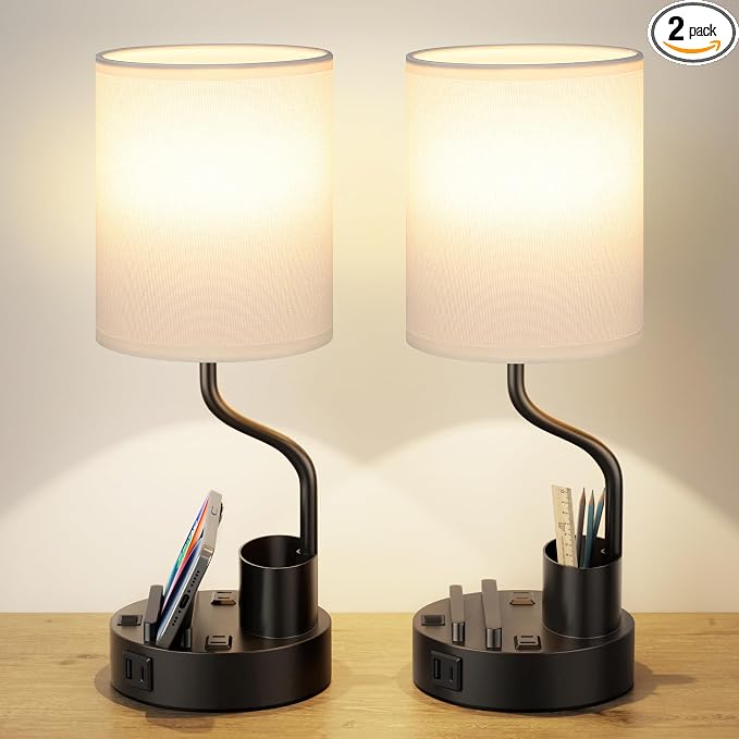 Fenmzee Bedside Lamps for Bedroom Set of 2 - Table Desk Lamp for Nightstand | 15" Table Lamp for Living Room with Pen Holder & Phone Stand, USB A+C Port, AC Outlet, 3 Color Temperature, LED Bulb Included by Fenmzeelighting